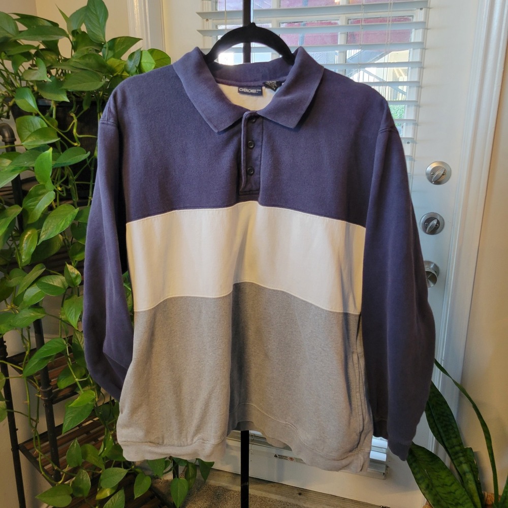Cherokee Mens Colorblock Polo Sweatshirt Navy Blue White Grey Long Sleeve L VTG